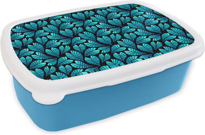 Broodtrommel Blauw - Lunchbox - Brooddoos - Jungle - Blauw - Blad - Planten - Patroon - 18x12x6 cm - Kinderen - Jongen