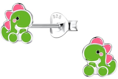 Joy|S - Zilveren dinosaurus oorbellen - baby dino - groen roze - 6 x 7 mm - sterling zilver 925 - kinderoorbellen