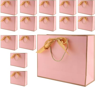 15 Stuks Roze Papieren Cadeauzakken met Gouden Strik, Perfect voor Verjaardag, Bruiloft en Feestjes, 32 x 25 x 11 cm
