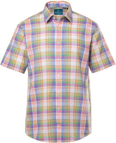 Boston Park - Heren - Geruit linnenmix overhemd korte mouw kentkraag comfort fit - Duifblauw - Maat 3XL
