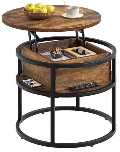 Industriële Salontafel met Lift Top - Ronde Bijzettafel met Opbergvak - Salontafel Verhoogbaar - Houtlook & Metaal - Ø 60 cm - Vintage Bruin/Zwart