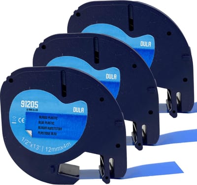 DULA - Dymo LetraTag 91205 - S0721650 - Label Tape - Zwart op Blauw plastic - 12mm x 4m - 3 Stuks
