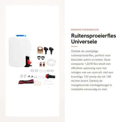 Dailygoods- Ruitensproeierfles Universeel - Ruitensproeiertank - 12V Pomp - 1,2LTR Fles - Montagebeugel - Complete Accessoires - Ruitensproeiersysteem