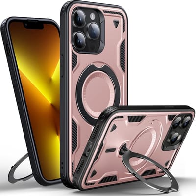 Magsafe Hoesje Geschikt voor iPhone 13 Pro Max Hoesje Rose Goud - Armor Hoesje met Met Draaibare Ring Houder