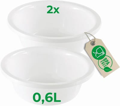 Novaliv 2x Ronde Afwaskommen 0,6L, D16 cm, Wit, BPA-vrij, Vaatwasserbestendig, Ideaal voor keuken en camping, kleine ronde kom, kleine plastic kom, kleine waskom, plastic kom