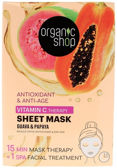 Organic shop sheet mask - Guava & Papaya - tissue gezichtsmasker met anti-oxidanten en anti-verouderend - Vitamine C - verjongend en voedend - 15 minuten spa treatment
