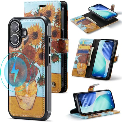 Casemania Hoesje Geschikt voor Apple iPhone 17 - Zonnebloemen Print - Van Gogh - Geschikt voor MagSafe - Kunstleer 2 in 1 Afneembare Bookcase - Magnetische Telefoonhoesje met Kunst Print en Pasjeshouder
