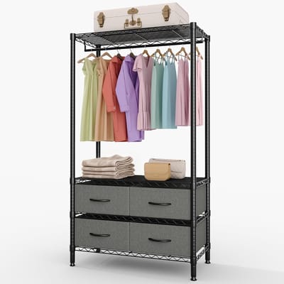 Zwaar Belastbaar Kledingrek met 4 Lades en Verstelbare Planken - Open Kledingkast - Garderoberek - 182x89x39 cm - Zwart