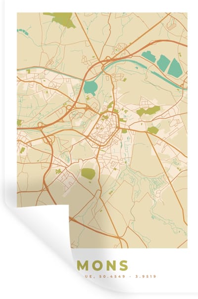 Muurstickers - Sticker Folie - Plattegrond - Kaart - België - Stadskaart - Vintage - Mons - 20x30 cm - Plakfolie - Muurstickers Kinderkamer - Zelfklevend Behang - Zelfklevend behangpapier - Stickerfolie