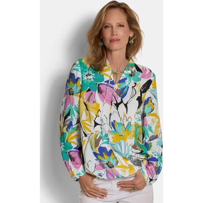 Blouse met opstaande kraag en rucherand - meerkleurig / gedess. - Gr. 20 van Goldner Fashion