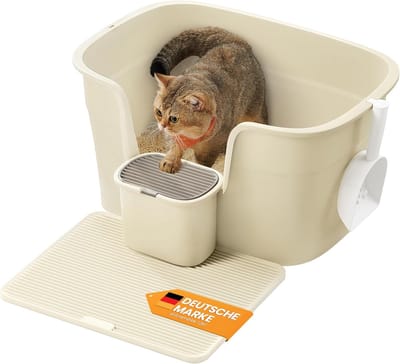 Feandrea kattenbak XL - 64 x 76 x 33 cm -hoge zijwanden - met kattenbakmat - met schepje en borstel - zandbeige
