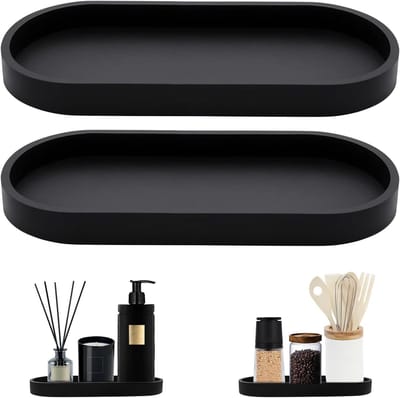 Decoratieve Badkamer Tray Set van 2 Stukken, Silicone Opbergtray voor Make-up, Organizer en Zeepdispenser (Zwart, 25 x 11 x 2cm)