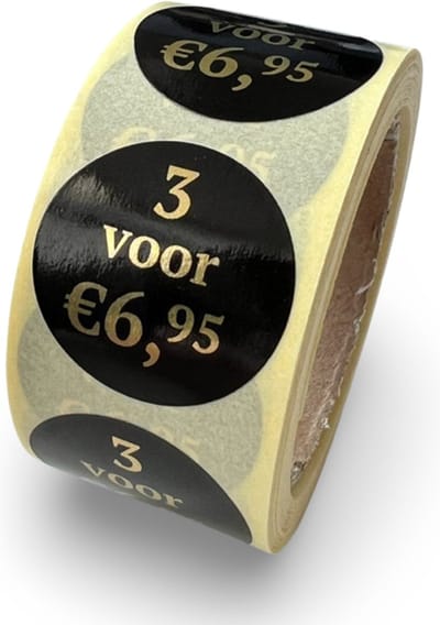 Reclame sticker - 3 voor €6,95 sticker - 250 Stuks - rond 25mm - korting sticker - promotie sticker - prijssticker - uitverkoop - aanbieding - goud - zwart - food sticker - reclame-etiket - voedseletiket - HACCP sticker