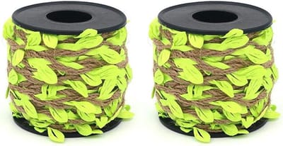 Jute touw voor bruiloftdecoratie en huis- en tuininrichting, 2 stuks, 33 voet lengte met bladlint - fluorescerend groen.
