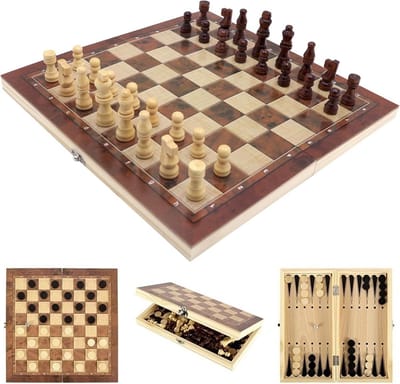 Houten Schaakbord - Traditioneel Spel - Strategisch Denken - Opvouwbaar Ontwerp - 34 x 34 cm - Houtkleur