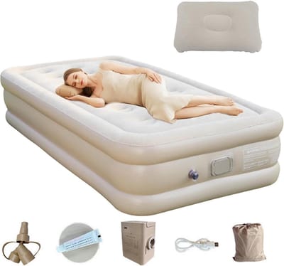 Camping Luchtbed - Kampeer Matras Slaapkussen - Outdoor Slapen - Ingebouwde Pomp - 38 x 34 x 34 cm - Beige