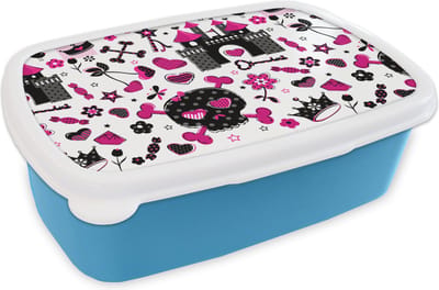 Broodtrommel Blauw - Lunchbox - Brooddoos - Meiden - Kroon - Hart - Patronen - Girl - Kindje - Kinderen - 18x12x6 cm - Kinderen - Jongen