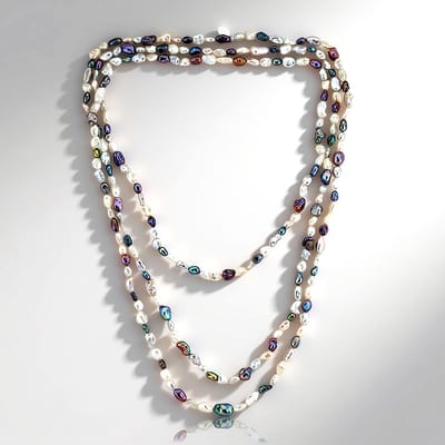 Cavill - 925 Sterling Zilver - Lange Meerdelige Ketting met Witte, Grijze en Mystieke Keshi Zoetwaterparels - Fancy Slijpsel - Elegante Parelketting