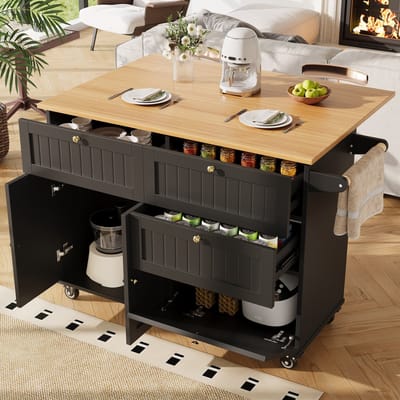 MODENUIT Keukeneiland - Uitklapbaar Met Opbergruimte En Wielen - Voor Keuken En Eethoek - MDF Zwart - 133x37,3x88 cm
