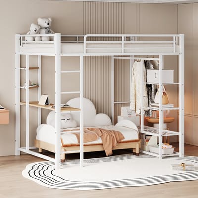 REDOM Hoogslaper – 140x200 cm – Met bureau & opbergrekken – Metalen frame met ladder & kledingrek – Wit