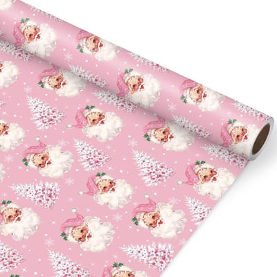 Rolo cadeaupapier 45 cm x 90 cm - Kerstboom - Kerstman - Roze - Kunstpapier - Voor knutselen en feestartikelen