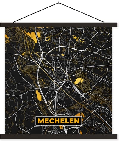 Posterhanger incl. Poster 60x60 cm - Schoolplaat - Stadskaart - Mechelen - Goud - Kaart - Plattegrond - Textielposter - Zwarte latten - Stadskaart
