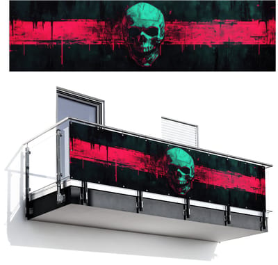 Balkonscherm 300x80 cm - Balkonposter Schedel - Cyberpunk - Neon Rood - Balkon scherm decoratie - Balkonschermen - Balkondoek zonnescherm