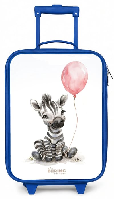 NoBoringSuitcases.com® - Kinderkoffer blauw - Kindertrolley jongen - Zebra met roze ballon - Koffer kind lichtgewicht - Reiskoffer trolley voor kinderen - Koffertje met lichtgevende wieltjes - Rolkoffer