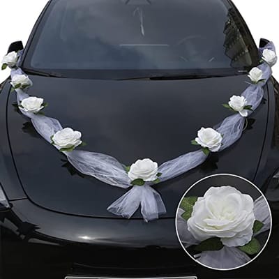 Auto Bruiloft Decoratieset met Witte Slinger en Kunstbloemen - Elegante Decoratie voor Bruiloft