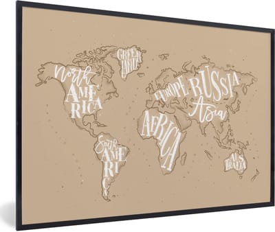Poster in lijst - Fotolijst 120x80 cm - Posters - Wereldkaart - Letters - Wit - Posterlijst zwart - Decoratie - Wanddecoratie woonkamer - Muurdecoratie slaapkamer