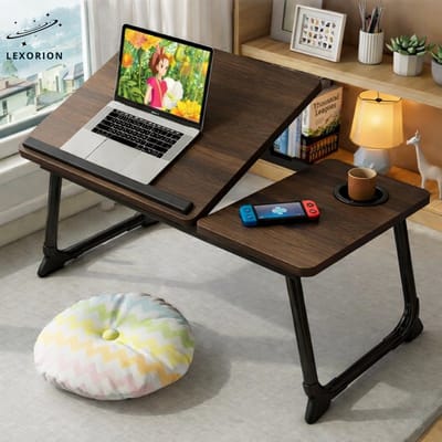 Lexorion Prakstisch Pro – Laptoptafel voor Bed en Bank – Inklapbare Bedtafel met 4-Niveaus Kantelstand – Lapdesk met Bekerhouder – Draagbare Laptoptafel 60×37×26 cm - Donkerbruin