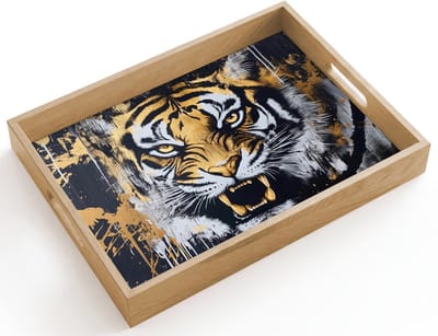 Dienblad hout 40x30 cm - Schootdienblad - Tijger - Verfspatten - Goud - Borrelplank rechthoek - Plateau dienbladen