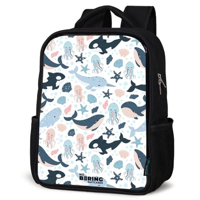 NoBoringSuitcases.com® - Rugzak zwart - Schooltas jongen & meisje - Zeedierenpatroon met walvissen, kwallen en orka's - Rugtas voor school - Boekentas kind - Schoolrugzak - Kinderrugzak