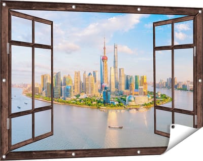 Gards Tuinposter Doorkijk Skyline Shanghai Stad in China - 120x80 cm - Tuindoek - Tuindecoratie - Wanddecoratie buiten - Tuinschilderij