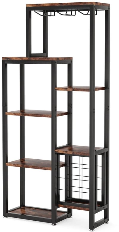 Velmio Wijnrek - 5 Laags - Met Glazen Houder En Wijnopslag - Wijnrek Metaal - Staand - 80 × 30 × 175 cm - Bruin/Zwart