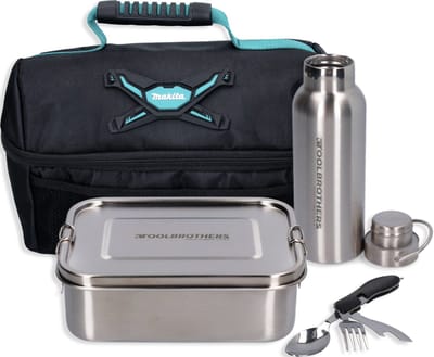 Toolbrothers Fan Lunchpakket in Makita koeltas met roestvrijstalen broodtrommel met scheidingsvakken en roestvrijstalen deksel 1200 ml + roestvrijstalen drinkfles 500 ml + 4-in-1 multifunctioneel bestek