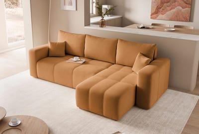 Hoekbank met Slaapfunctie en Bedlade – 3-Zits Slaapbank met Opbergruimte – Moderne Loungebank met Omkeerbare Hoek – Mosterdgeel Fluweel – Novihome