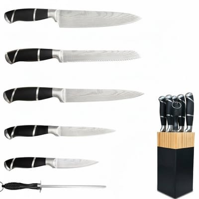 NAIZY - Keukenmessen Set 7-delig - Keukenmessen - Damaskus patroon RVS messen met messenblok & slijpstaal - Professioneel koksmes set voor thuisgebruik - Zilver/Zwart