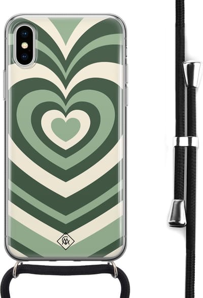Casimoda® hoesje met koord - Geschikt voor iPhone Xs - Hart Groen Swirl - Afneembaar koord - Siliconen/TPU - Groen