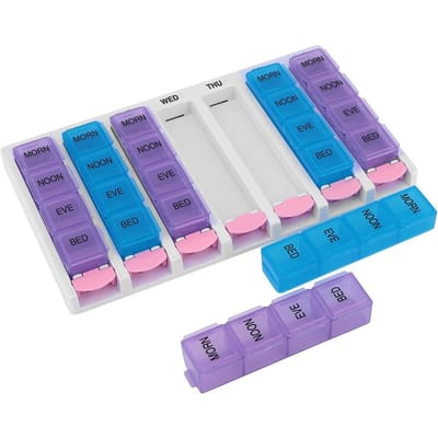 7 Dagen 4 Keer per Dag 28 Vakjes Pilendoosje Medicijn Organizer met Drukknop (Blauw Paars)