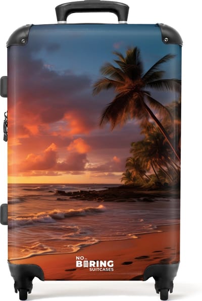 NoBoringSuitcases.com® - Koffer groot - Rolkoffer lichtgewicht - Strand met palmboom bij zonsondergang - Reiskoffer met 4 wielen - Grote trolley XL - 20 kg bagage
