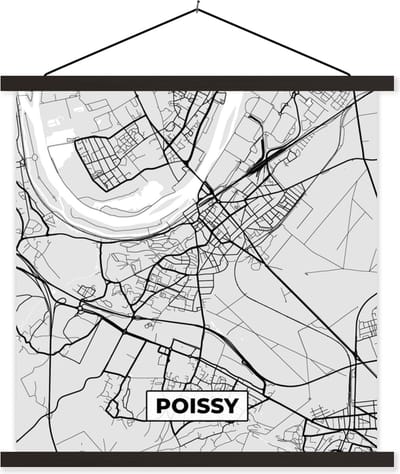 Posterhanger incl. Poster 60x60 cm - Schoolplaat - Stadskaart – Frankrijk – Kaart – Poissy – Plattegrond - Textielposter - Zwarte latten - Stadskaart