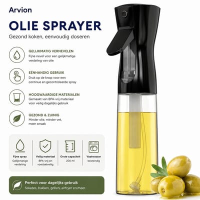 Arvion Oliespray 300 ml - Oliedispenser Spuitbus voor Olijfolie, Azijn en Koken - Fijne Nevel, BPA-vrij, Lekvrij