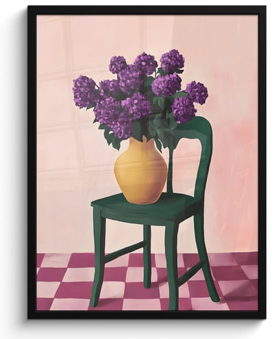 Poster in lijst - Fotolijst 50x70 cm - Posters - Stoel - Vaas - Bloemen - Geblokt - Posterlijst zwart - Decoratie - Wanddecoratie woonkamer - Muurdecoratie slaapkamer