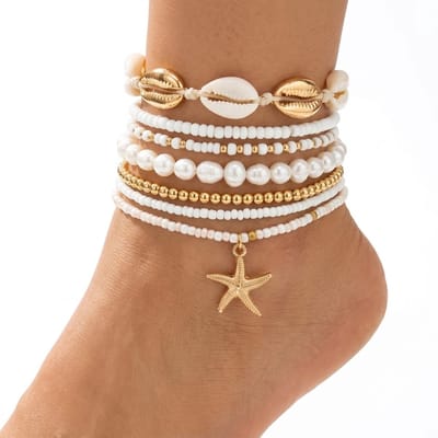 7 delige Wit en goudkleurig enkelbandje voor dames – set van kralen enkelbandjes met schelpen en zeester bedel – zomerse enkelketting – boho sieraden