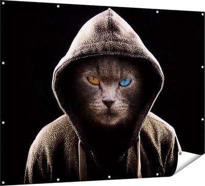 Gards Tuinposter Boze Kat Draagt een Hoodie - 160x120 cm - Tuindoek - Tuindecoratie - Wanddecoratie buiten - Tuinschilderij