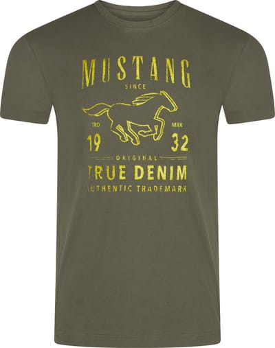 Mustang Heren T-Shirt Basic Print Tee regular fit Olijf S Ronde Hals Volwassenen Opdruk Print Shirts