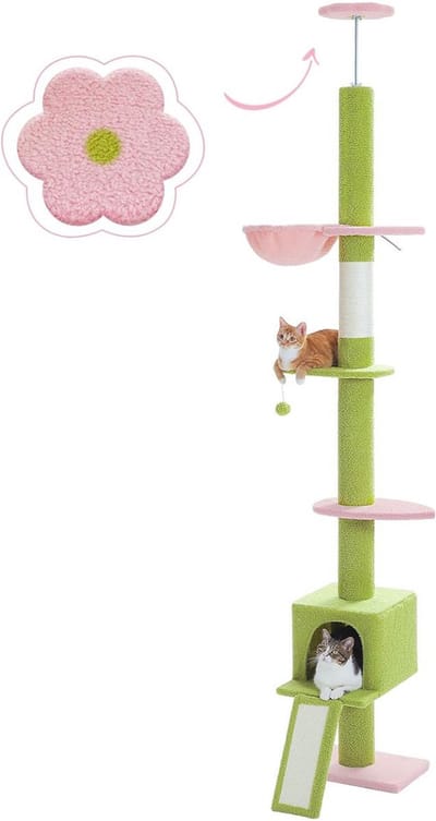 Kattenu TreeTower - Hoge Krabpaal Plafond - Verstelbaar 210-274 cm - Klimmuur kat - Krabpaal hoog - Groen/Roze