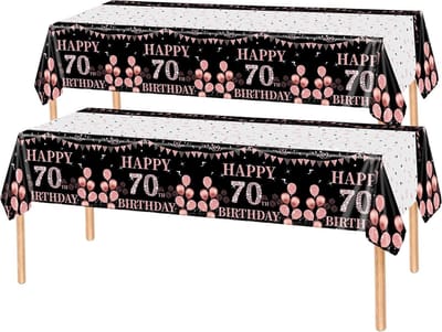 2x Tafelkleed Laken 70 Jaar Verjaardag Versiering Tafeldecoratie Feest Rose/Zwart Tafellaken Plastic Tafelzeil 274*137cm