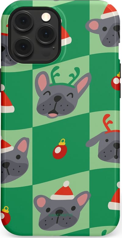 Casetastic hoesje geschikt voor Apple iPhone 12 Pro Max - MagSafe - Dubbellaagse bescherming - Schattige Kersthondjes - Fashion Case - Groen Grijs
